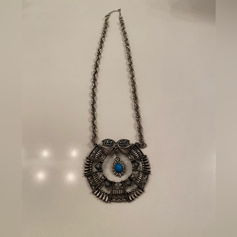 Signed HMS Madeira Pewter Costume Necklace 14 Inches Eagle and Navajo Design.